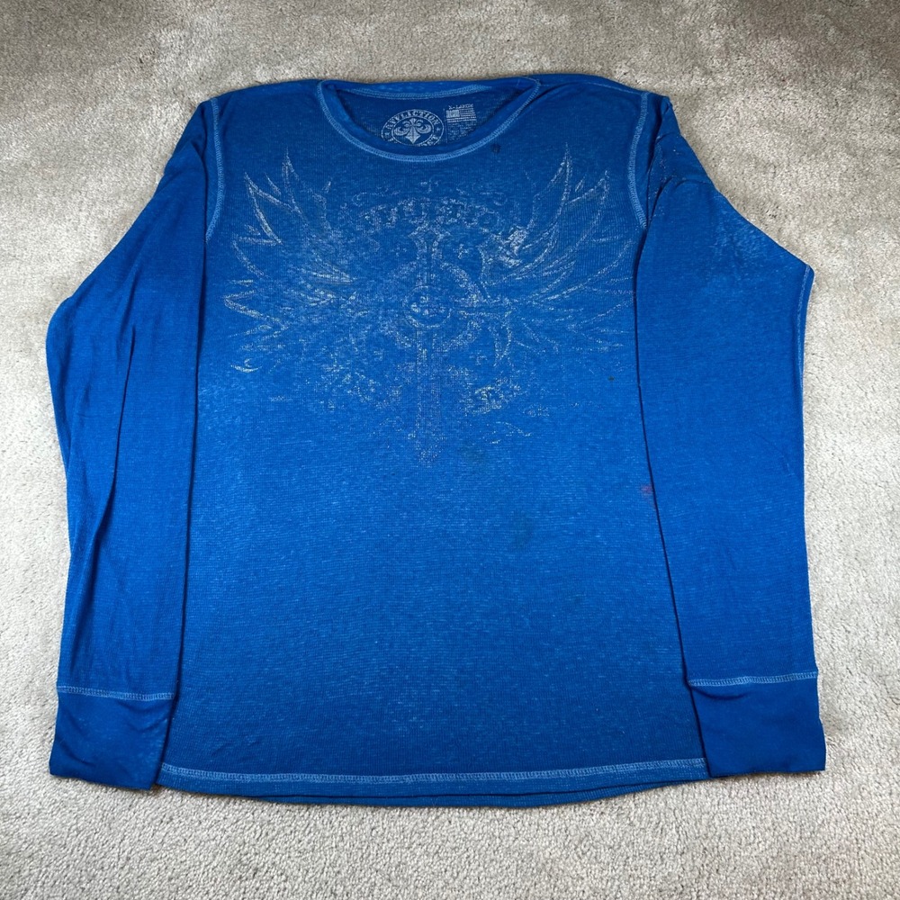 Affliction Thermal Shirt Mens XL Blue Graphic Cross Wing Long Sleeve Waffle Knit